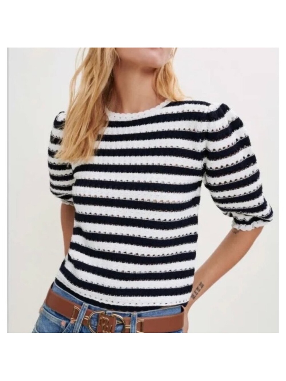Maje Black & White Striped Puff-Sleeve Crew Sweater